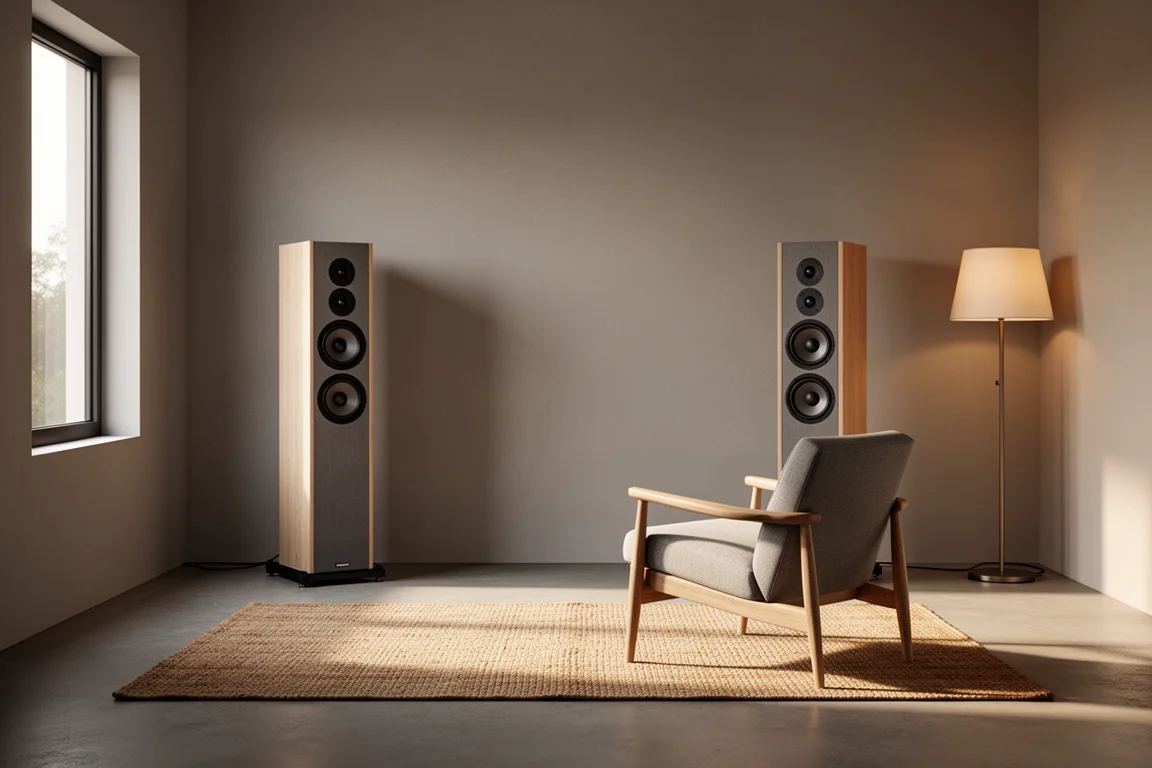 Höga smala panelspeakers som står flera meter ut från en vägg i ett tyst lyssningsrum
