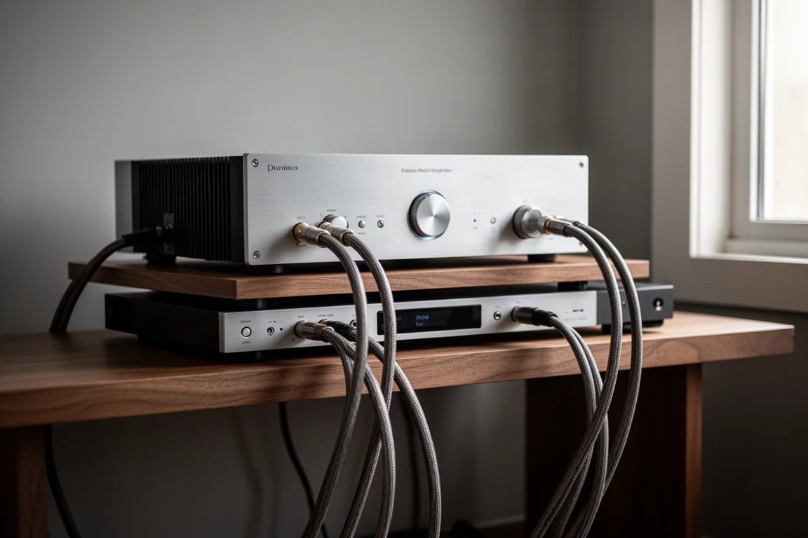 Solid state-effektförstärkare med högtalarkablar på en låg hylla i ett lyssningsrum