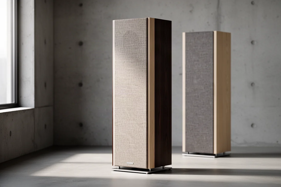 Tall slim panel speakers with fabric grilles against a concrete wall in soft light