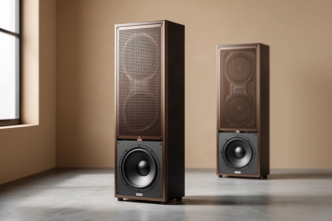 Tall planar magnetic floorstanding loudspeaker pair in a warm neutral room