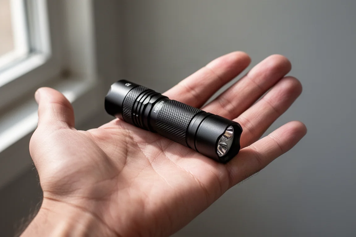 Compact black flashlight held in hand showing its short four-and-a-half-inch body