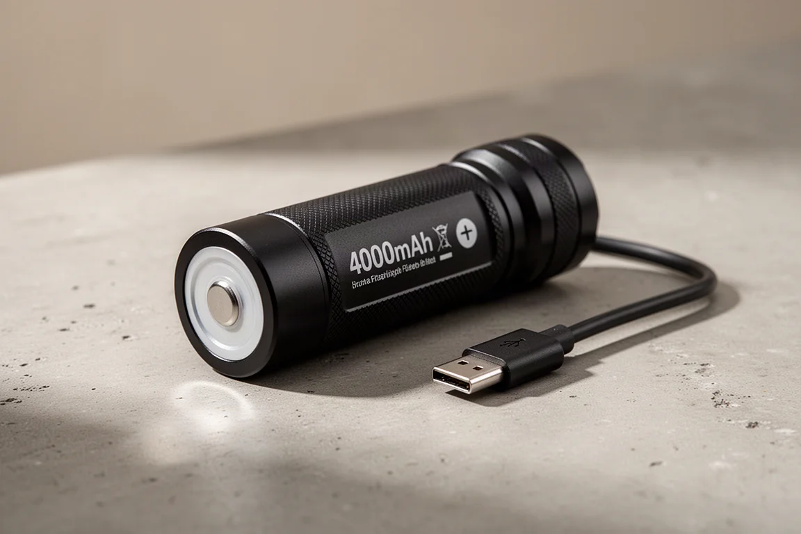 Flashlight battery beside a USB-C charging cable on a desk
