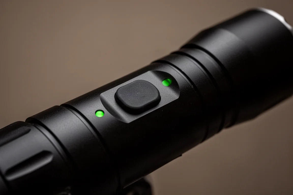 Green indicator light glowing on the side of a black flashlight in dim surroundings