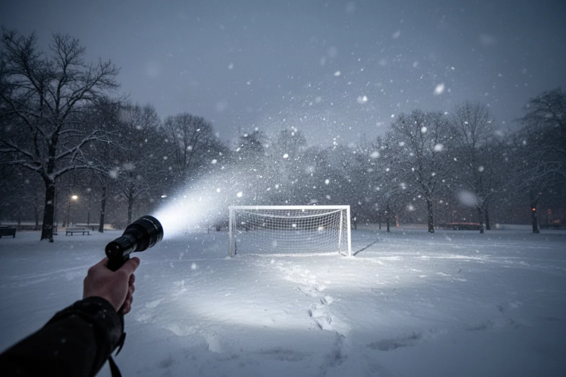 Powerful flashlight beam illuminating a snowy park field at night