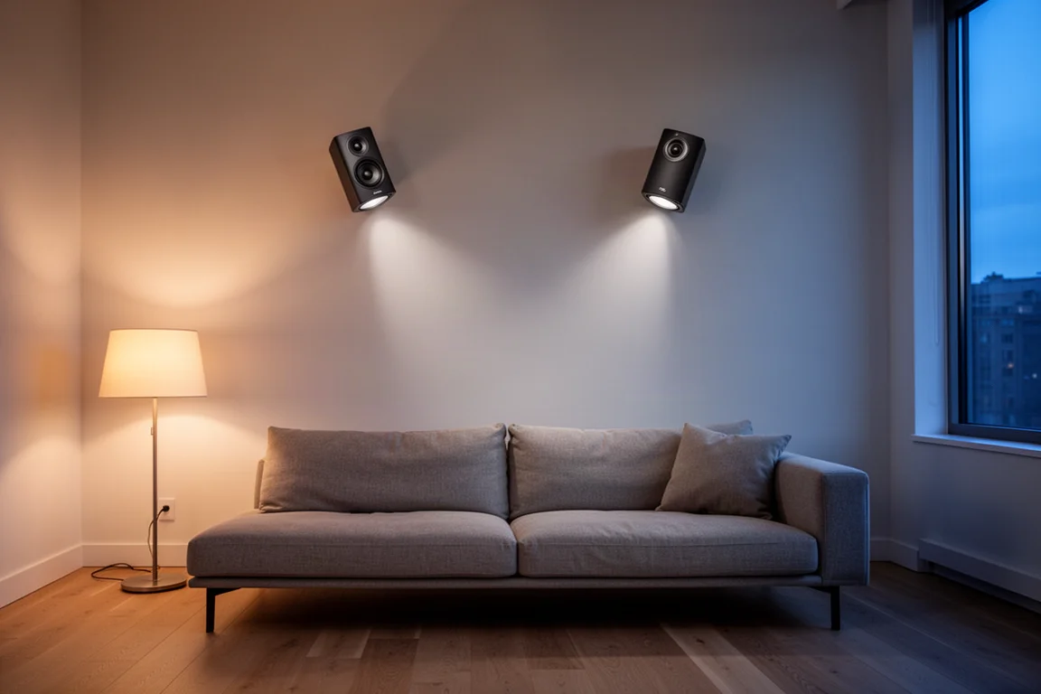 Kleine wandgemonteerde speakers schuin naar een bank gericht in een warme avondlijke woonkamer