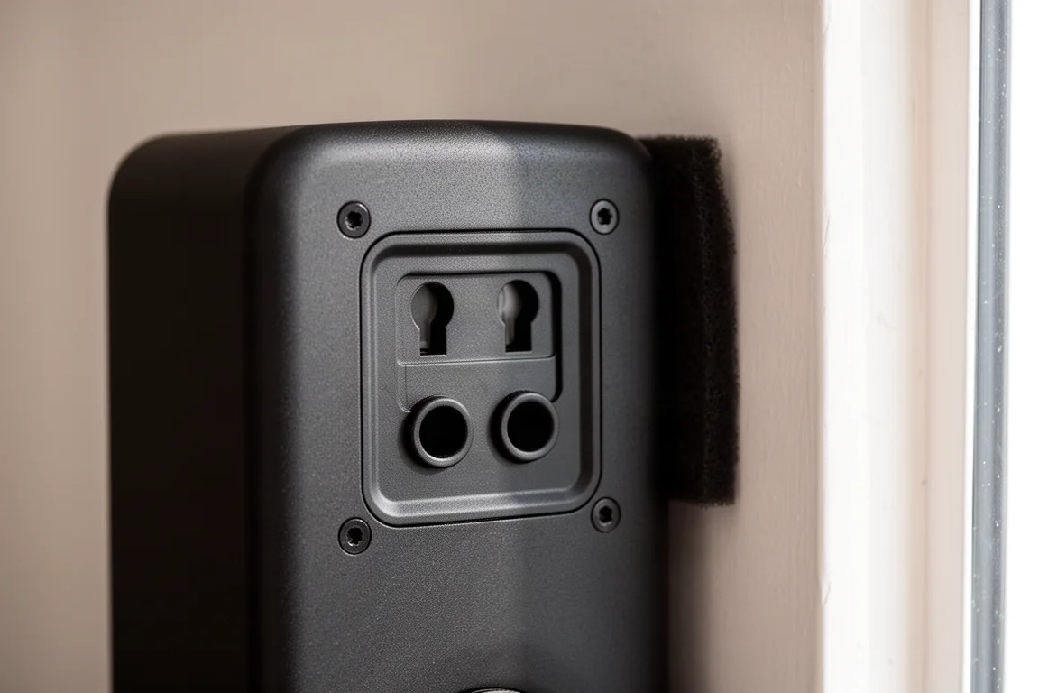 Close-up van een keyhole-montage en schuimrubberen pad op de achterkant van een compacte speaker