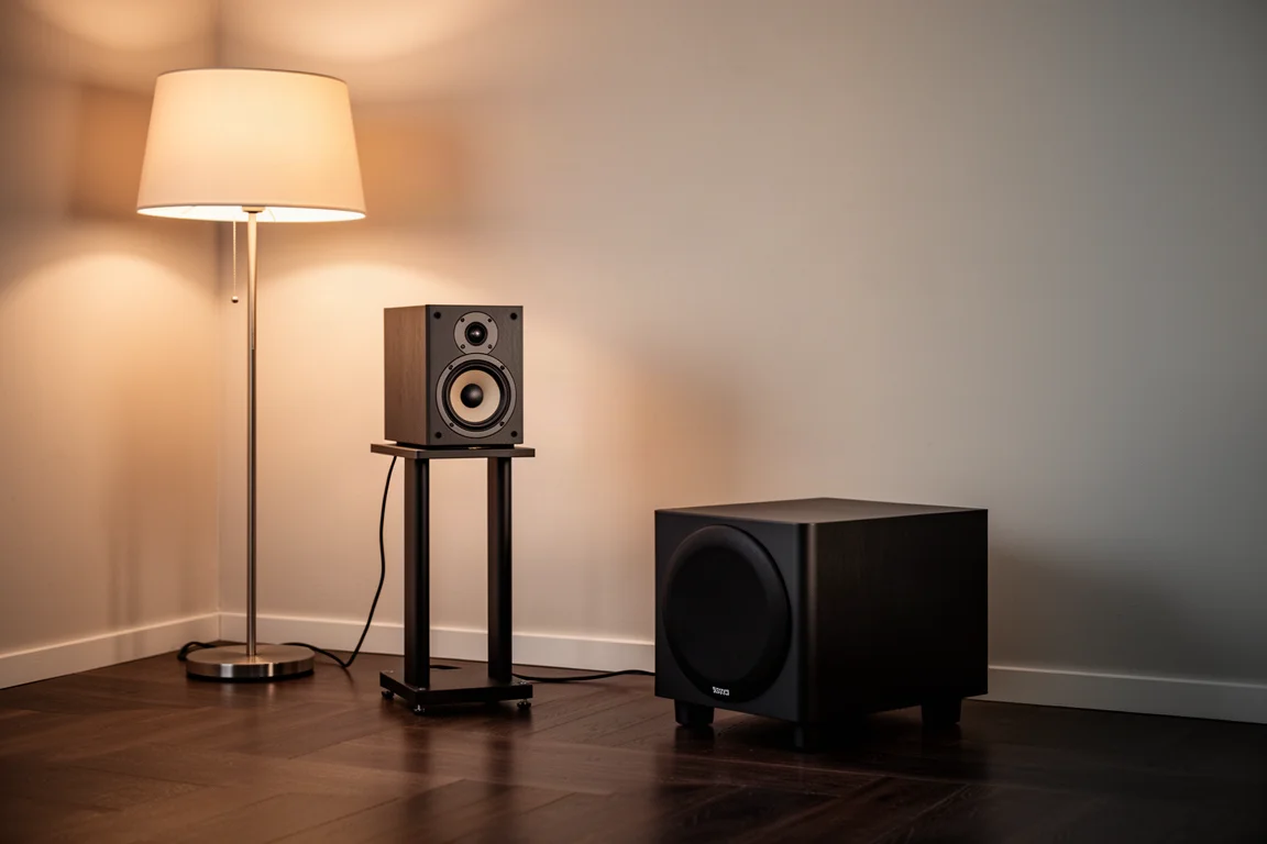 Compacte speaker op een standaard naast een subwoofer in een zacht verlichte luisterruimte
