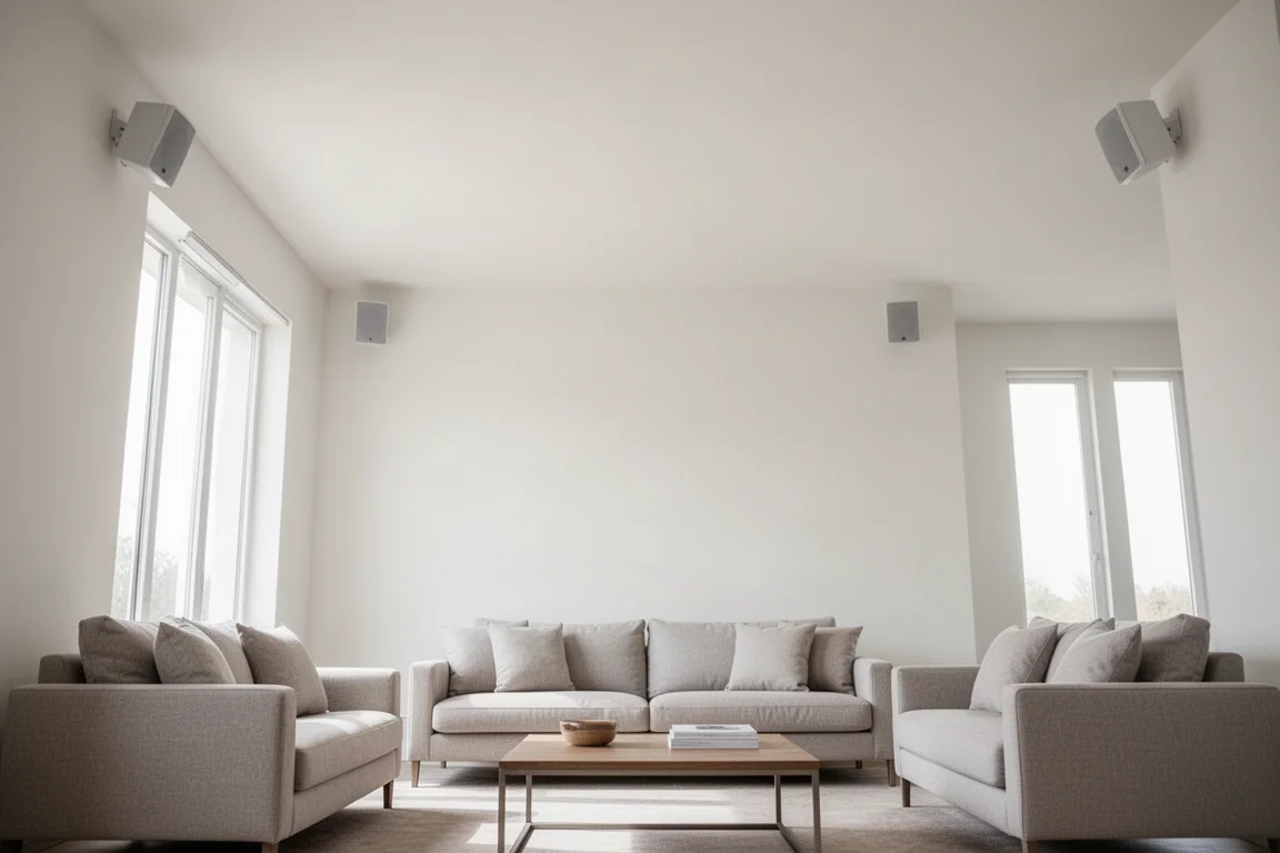 Moderne woonkamer met kleine surroundspeakers dicht bij het plafond gemonteerd