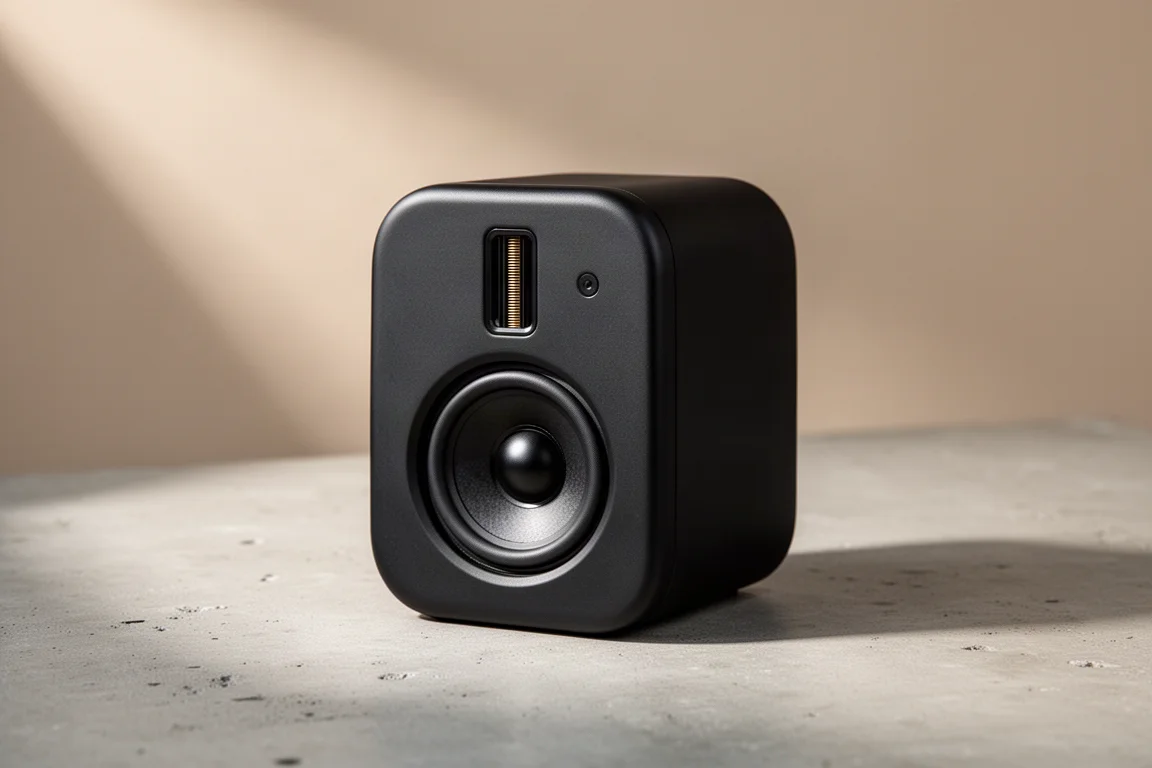 Small matte black two-way speaker with grille removed on a concrete surface