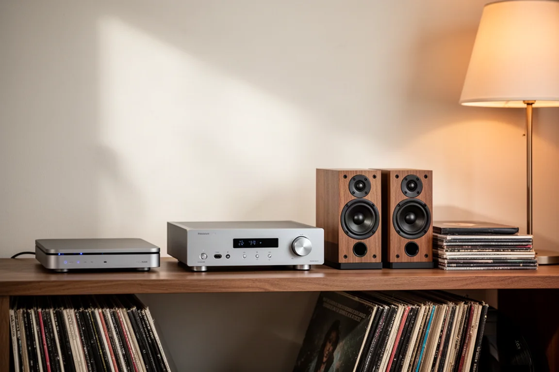 Estante de hi-fi compacta na sala de estar com streamer, amplificador de potência fino e caixas bookshelf
