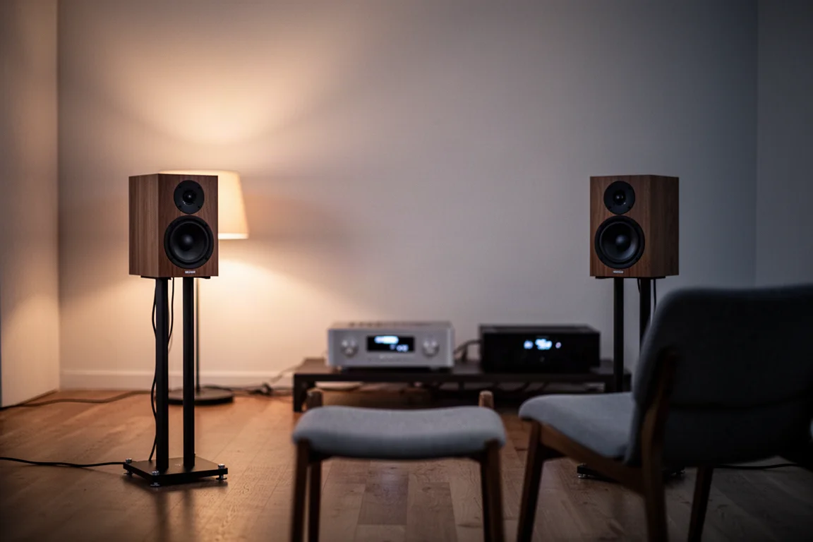 Sala de audição ao anoitecer com pequenas caixas bookshelf em suportes e luz quente de abajur