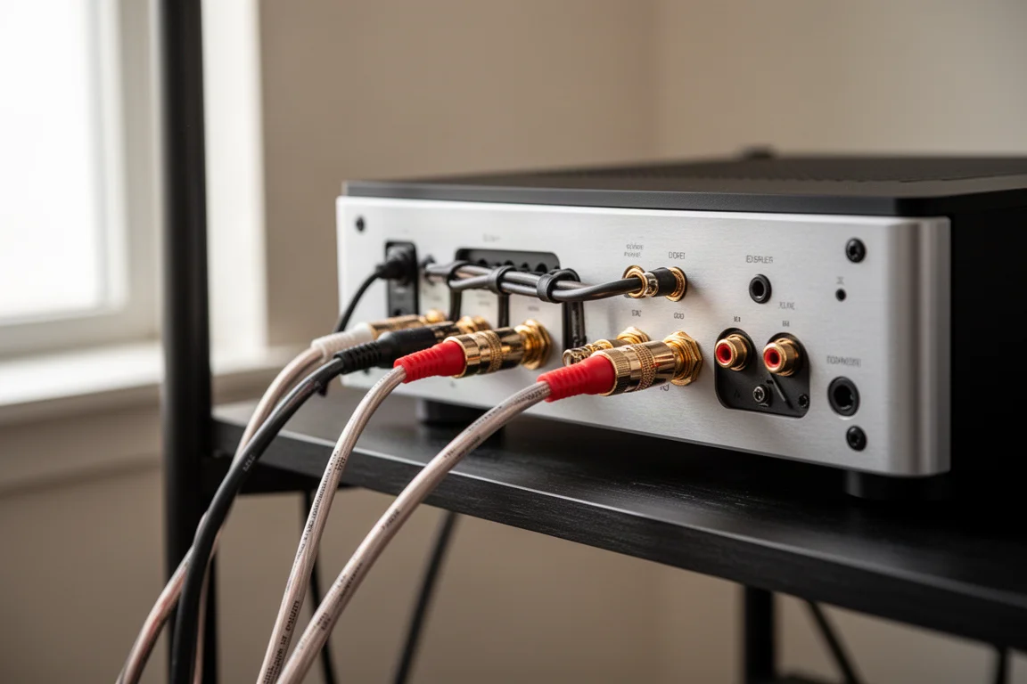 Cabos de caixa e par de interconexões RCA conectados ao painel traseiro de um amplificador fino