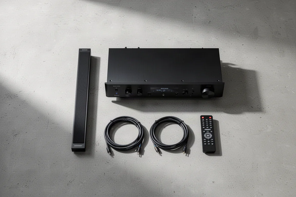 Vista superior plana de streamer, amplificador de potência fino e cabos de caixa enrolados sobre concreto