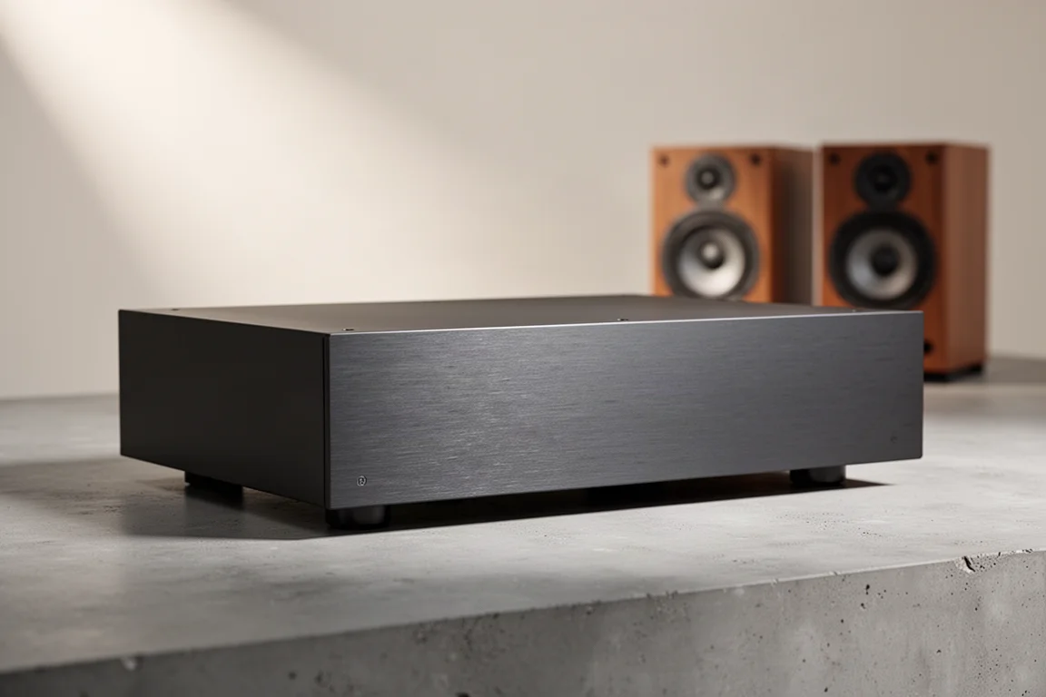 Slim dark grey stereo power amplifier on a concrete surface with blurred bookshelf speakers behind it