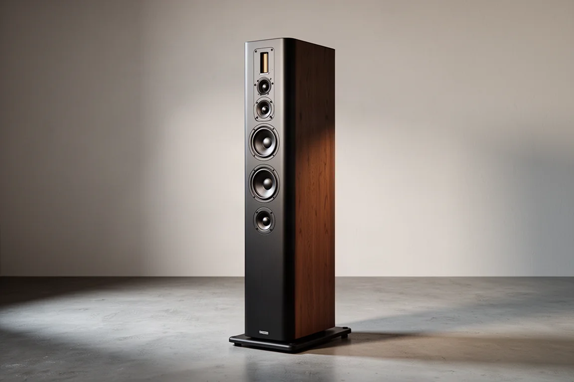 Tall matte black floor-standing tower speaker with ribbon tweeter on a concrete floor