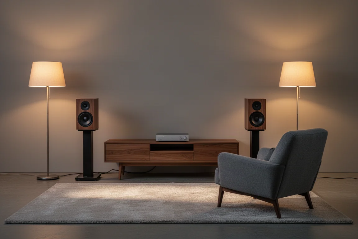 Warmly lit living room listening setup with two compact stand-mount speakers flanking a low console