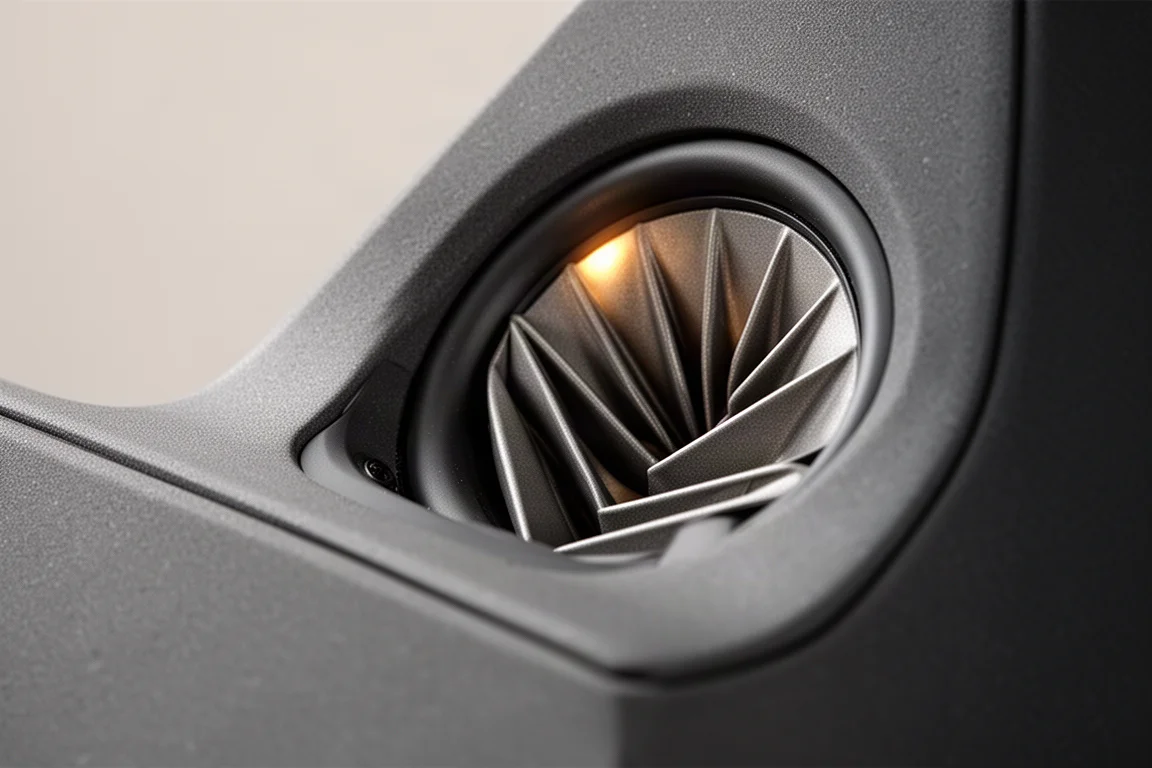 Close-up of a folded-pleat air motion transformer tweeter set into a matte speaker baffle