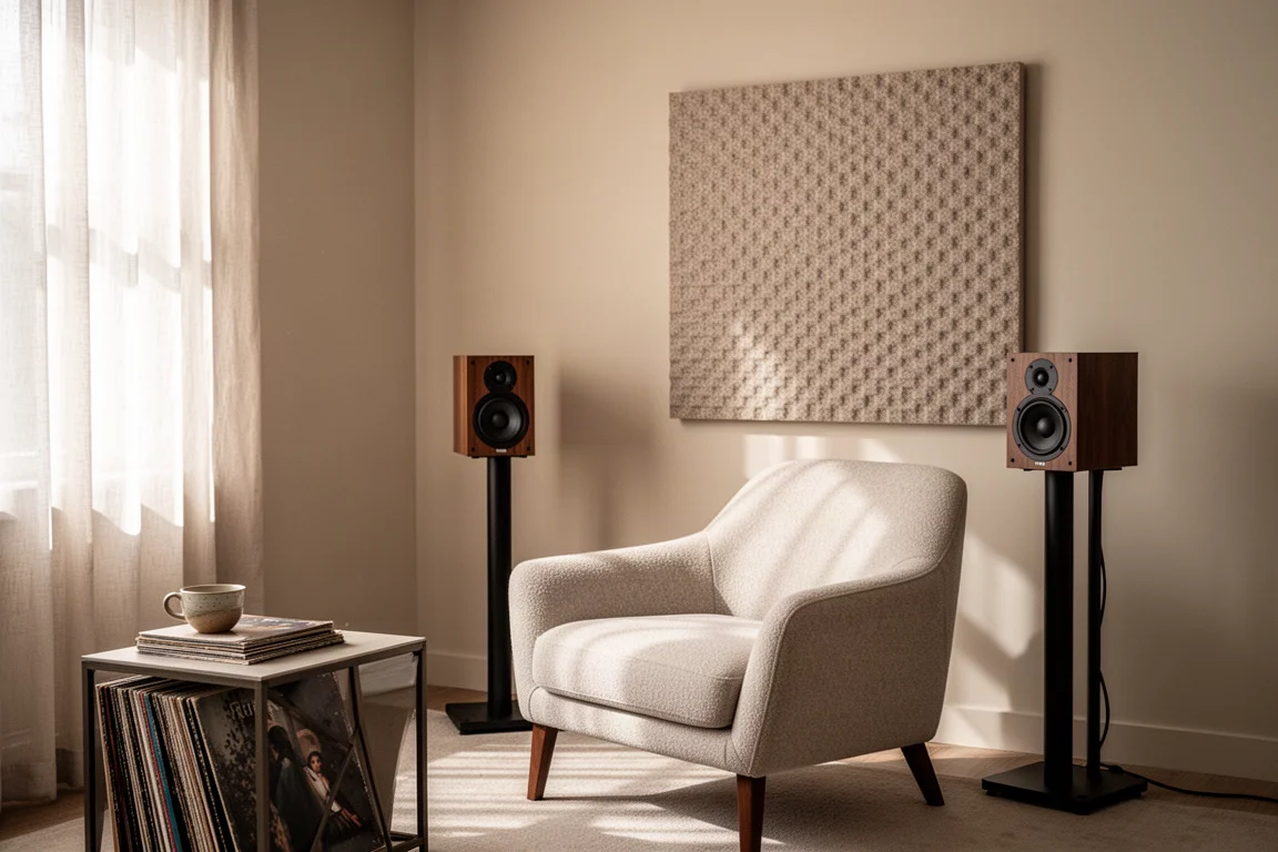 Quiet listening room corner with an armchair facing two small speakers on stands