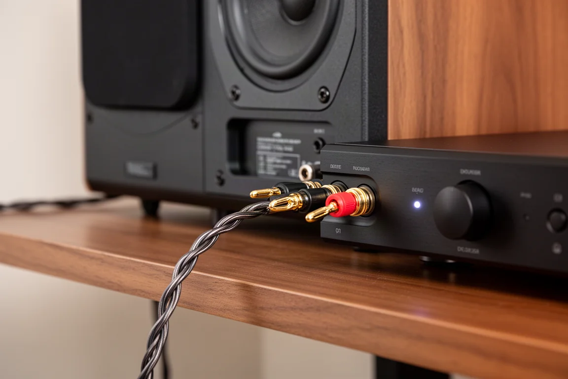 Rear of a compact speaker wired to a slim stereo amplifier on a wooden shelf