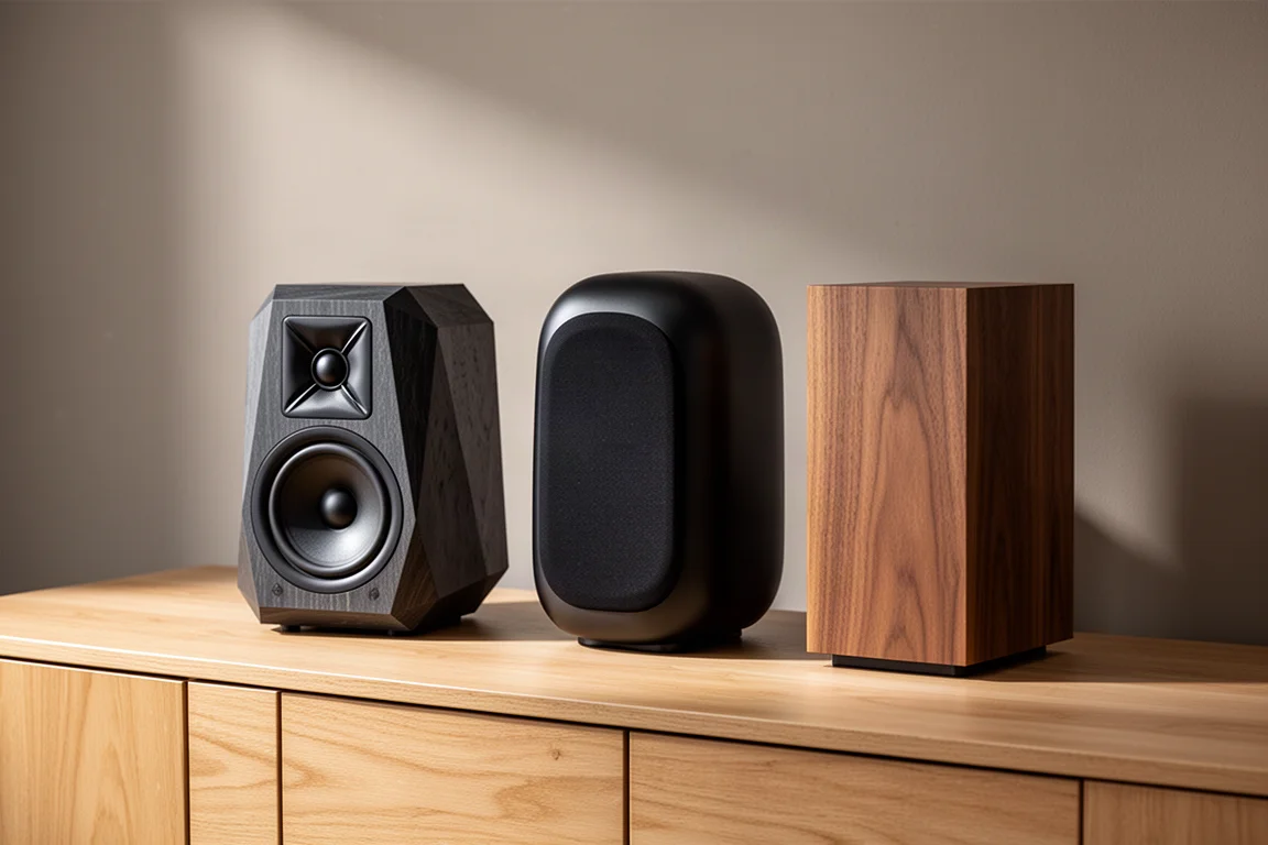 Three compact stand-mount bookshelf speakers in a row on a light oak console