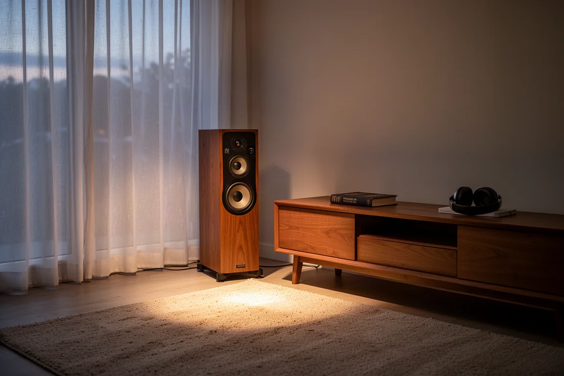 Altavoz de torre compacto junto a un mueble bajo en una sala tenuemente iluminada al atardecer
