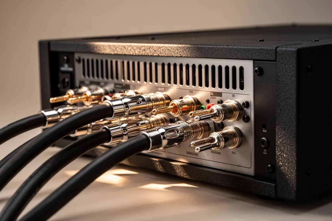 Panel trasero de un amplificador de potencia multicanal con cables de altavoz gruesos y bornes de conexión
