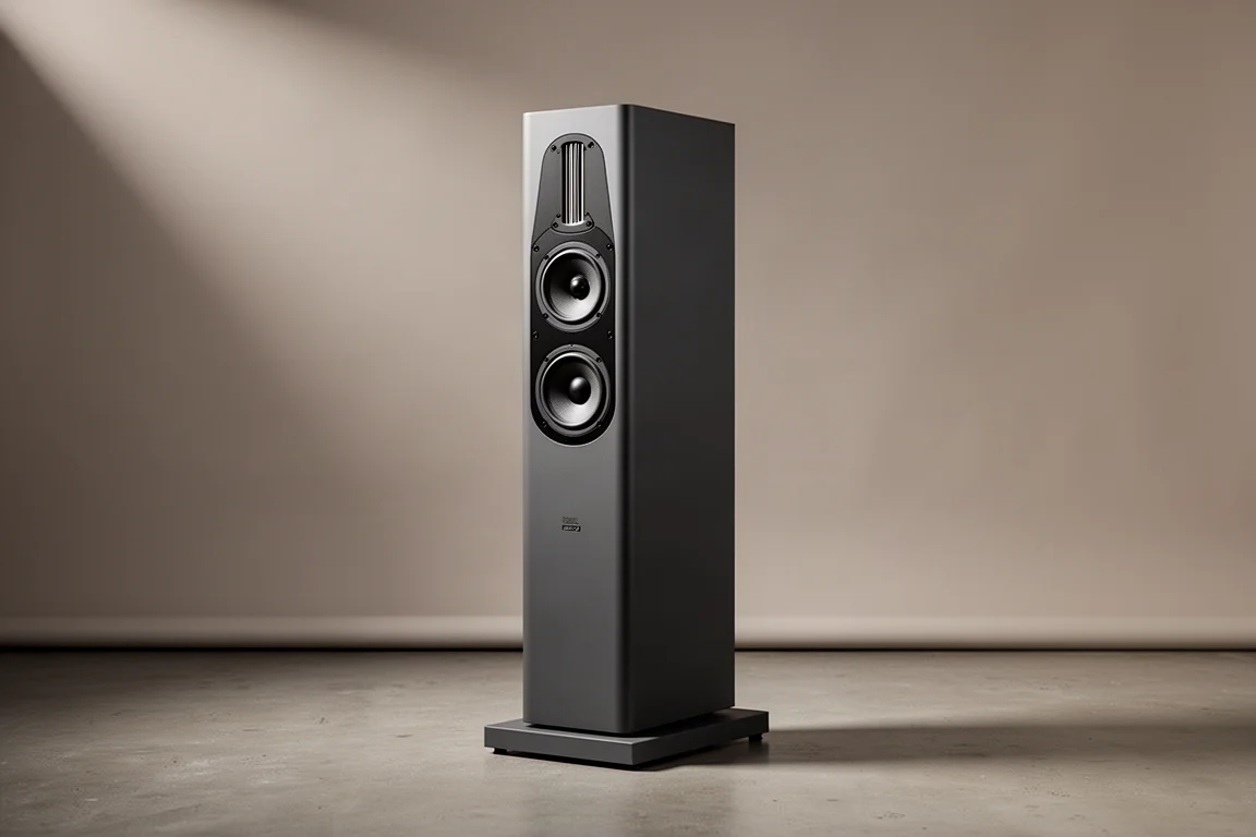 Black floorstanding tower speaker with leather-textured cabinet in a listening room