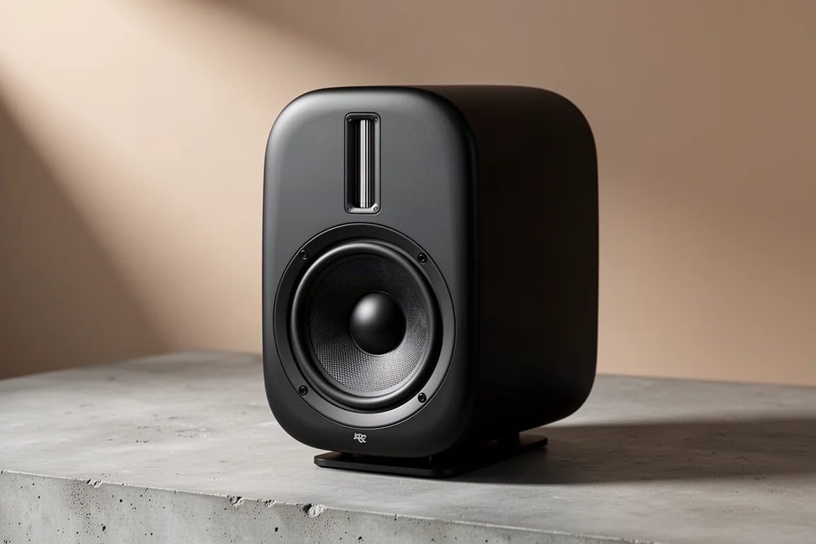 Two black Emotiva B2 Plus bookshelf speakers with grilles removed on a concrete surface