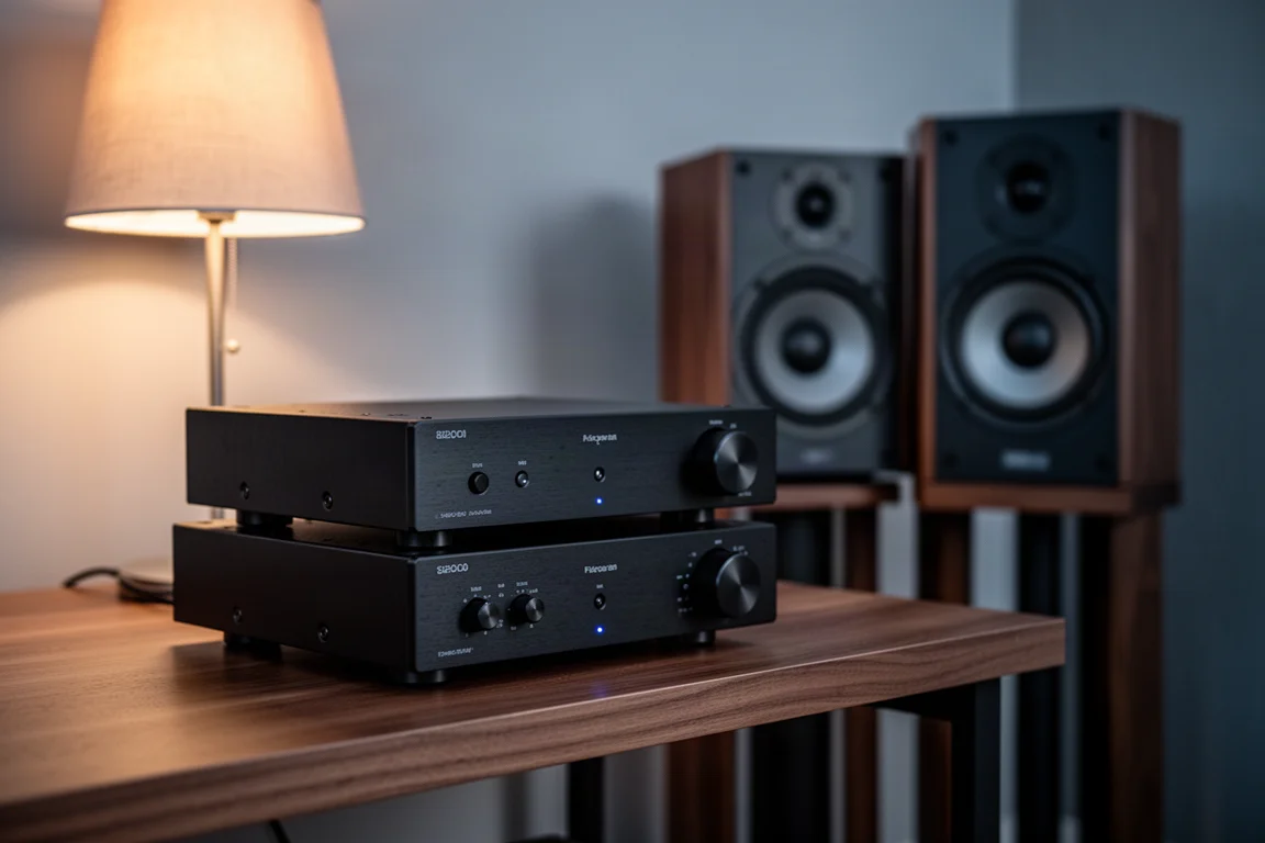 Stereo listening room with two slim monoblock amplifiers beside floorstanding tower speakers