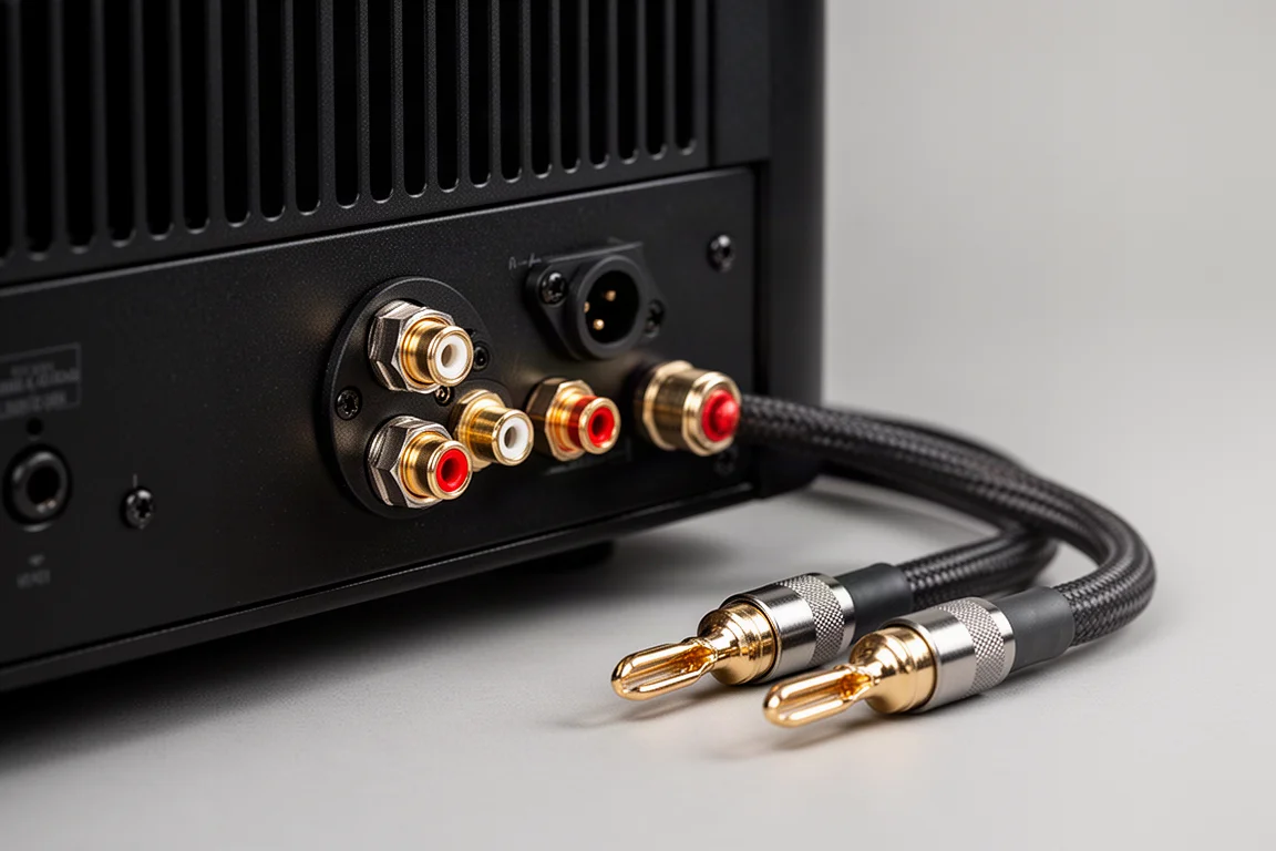 Close detail of tower speaker midrange drivers in a softly lit listening room