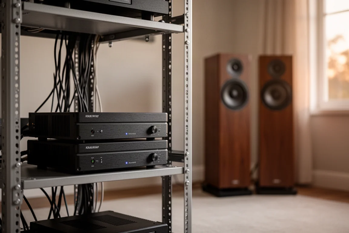 Overhead flat lay of speaker cables, banana plugs, remote, and coiled power cord