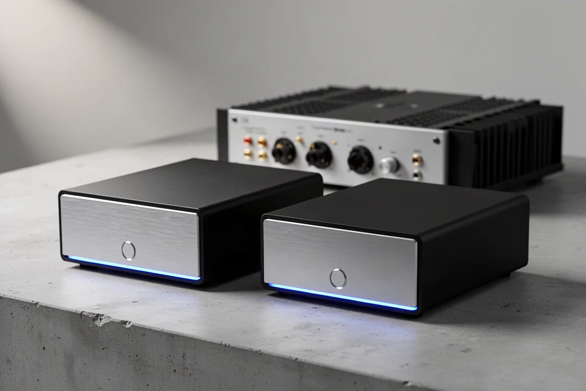 Slim black monoblock power amplifier with a centered LED status light on a concrete surface