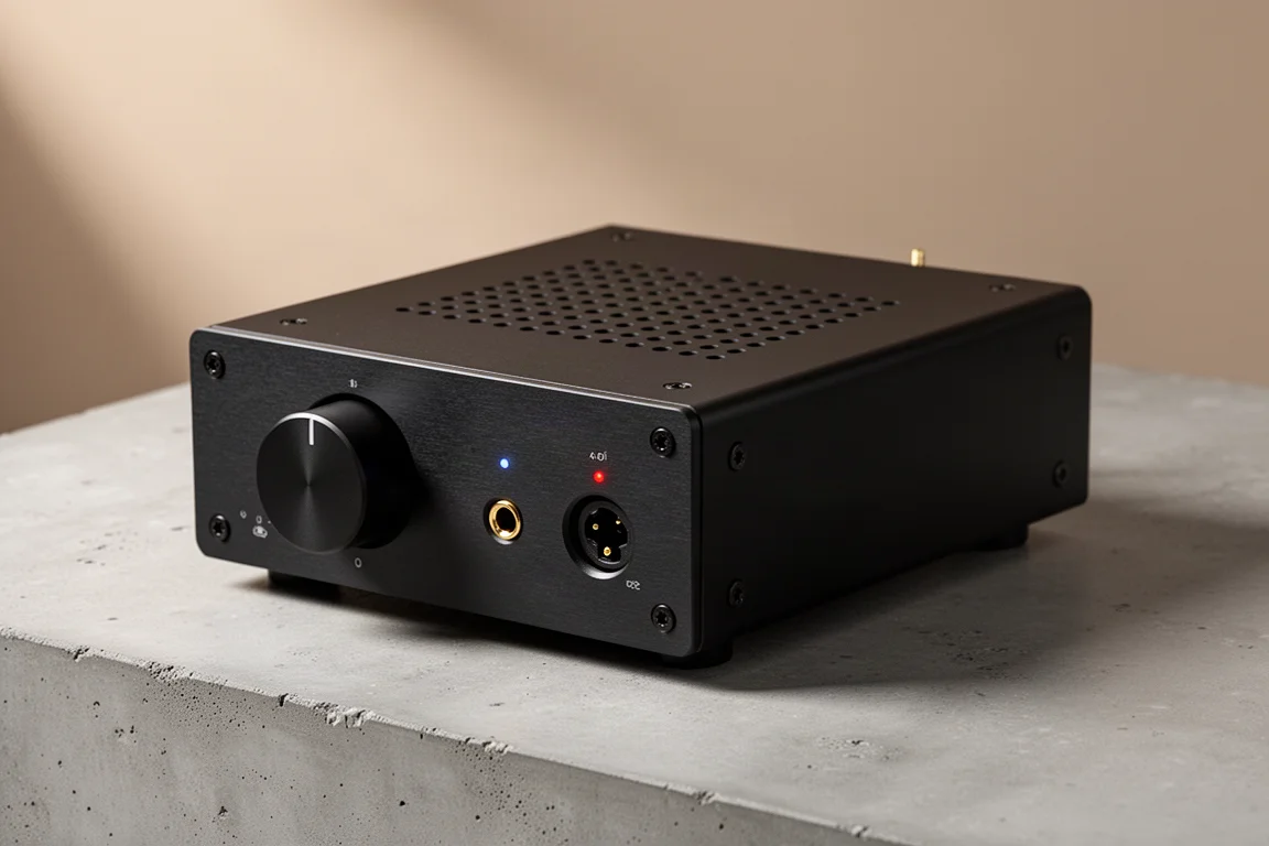 Compact integrated amplifier on a walnut desk with bookshelf speakers and headphones