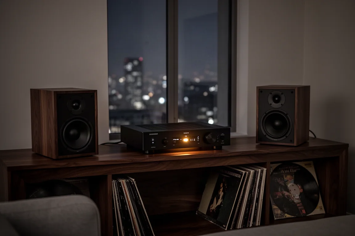 Dimly lit living room at night with a slim amplifier on a walnut shelf between speakers