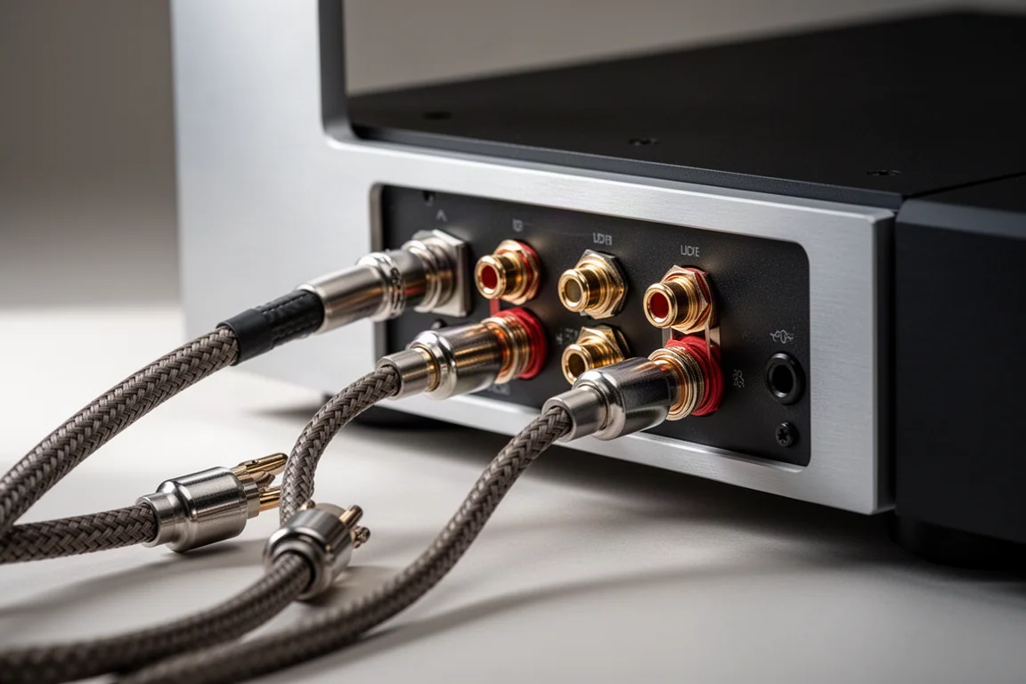 Macro view of speaker binding posts and braided speaker cable on an amplifier rear panel