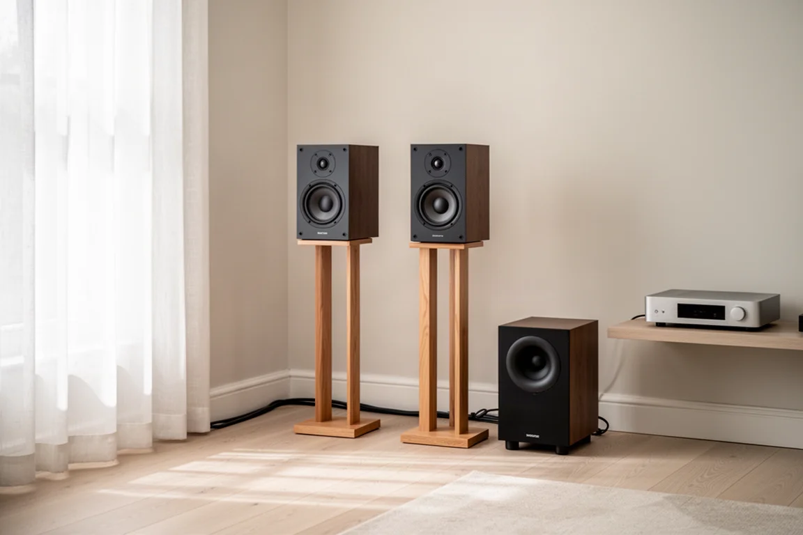 Compact standmount speakers and a subwoofer in a bright minimalist living room
