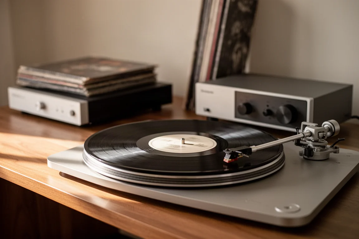 Vinyl record spinning on a turntable with a slim amplifier softly blurred behind