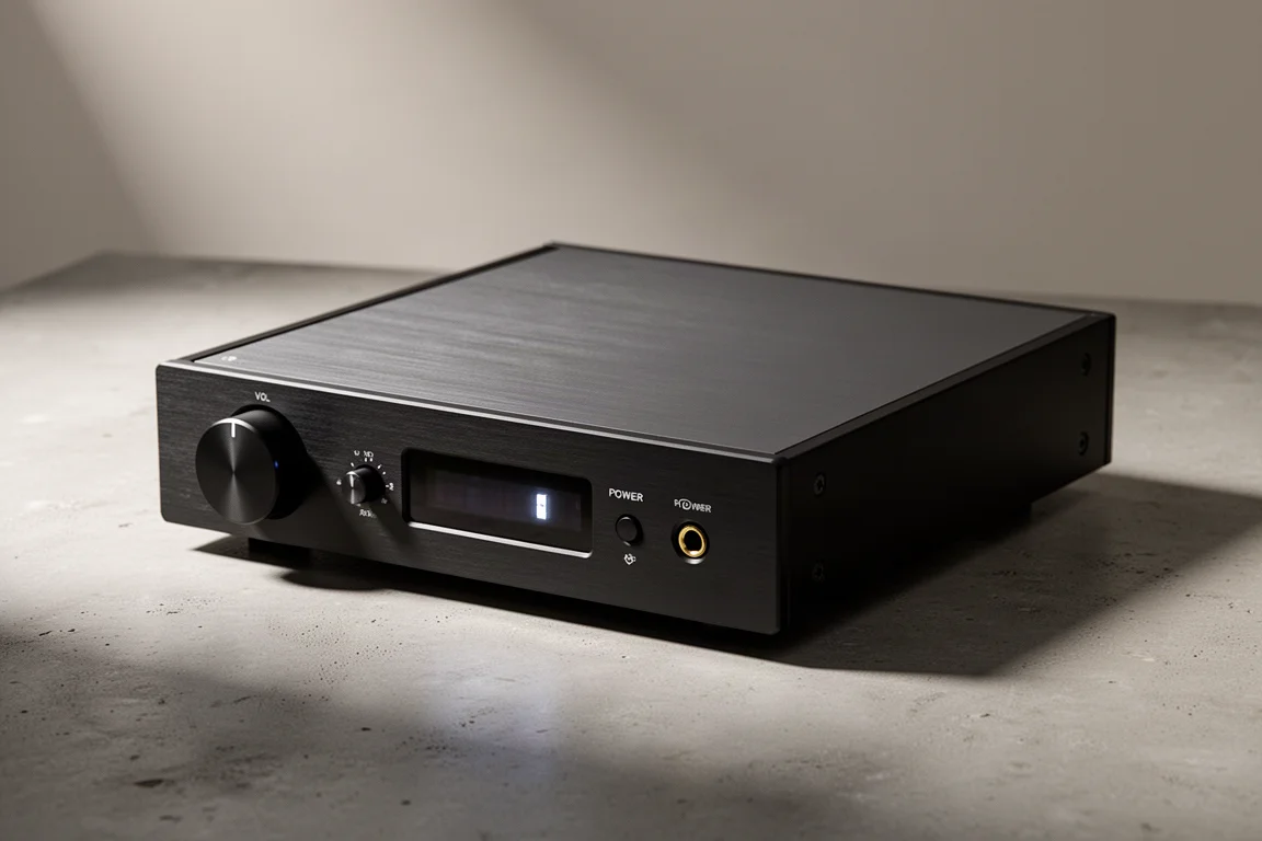 Low-profile black integrated amplifier with a single volume knob on a concrete surface