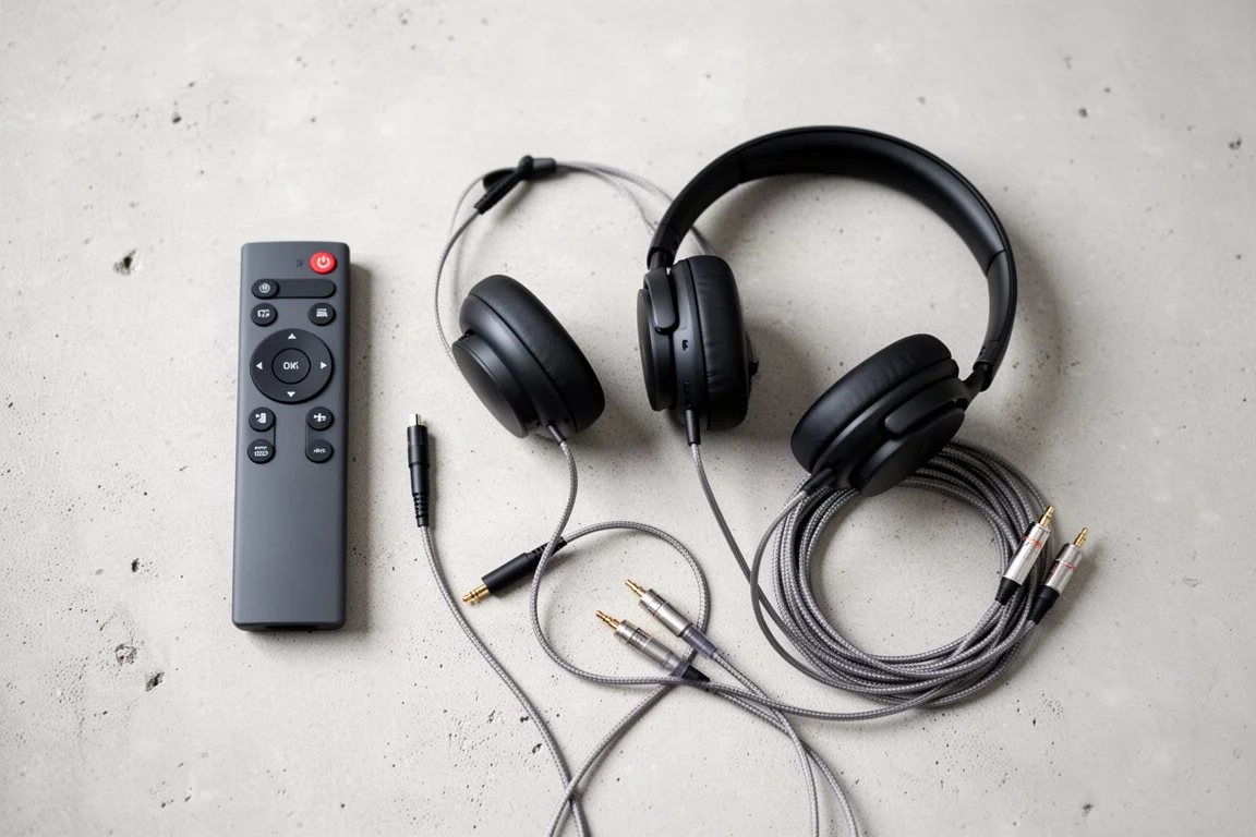 Flat-Lay einer Fernbedienung, Kopfhörer mit schlankem Stecker und Audiokabel auf Beton