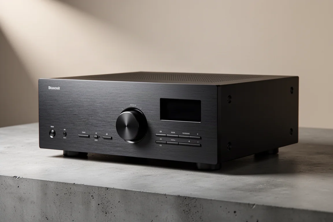 Emotiva BasX TA2 integrated amplifier with brushed aluminium front panel on concrete