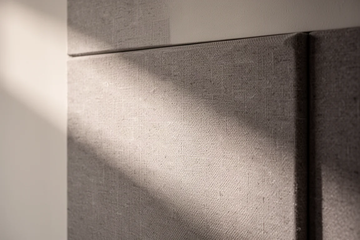 Närbild av en grå tygakustikpanel med mjukt infallande ljus