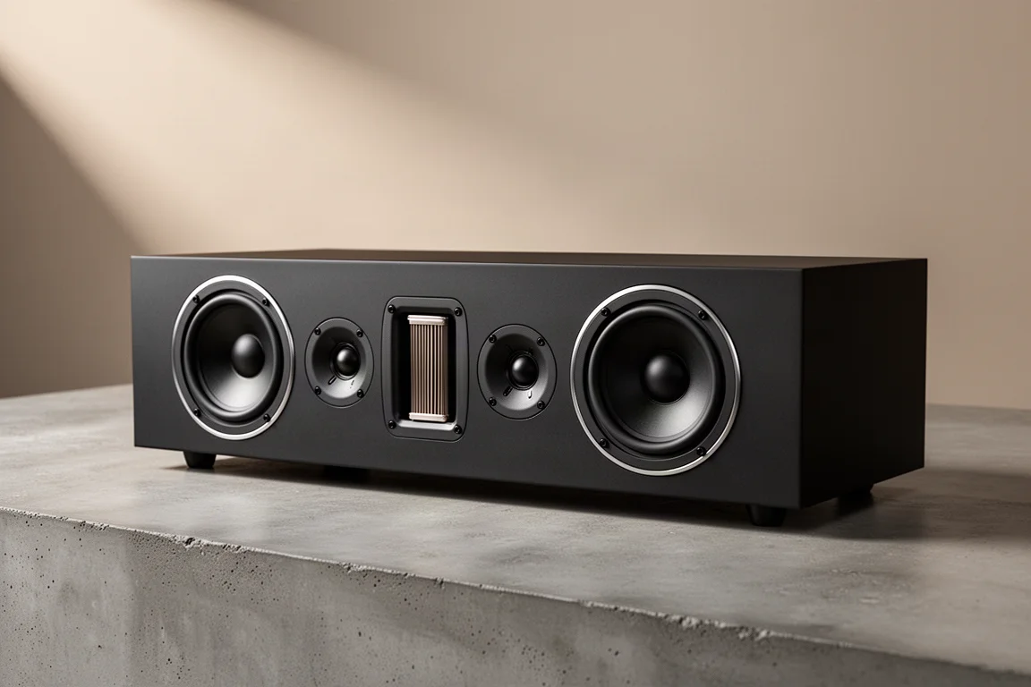 Large matte black center channel loudspeaker with ribbon tweeter and dual woofers