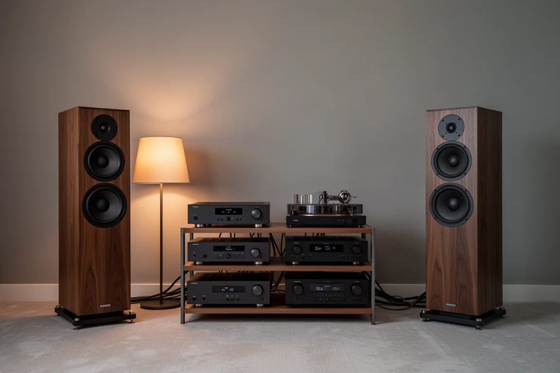 Luisterkamer in de avond met zuiluidsprekers naast een rack vol hi-fi componenten