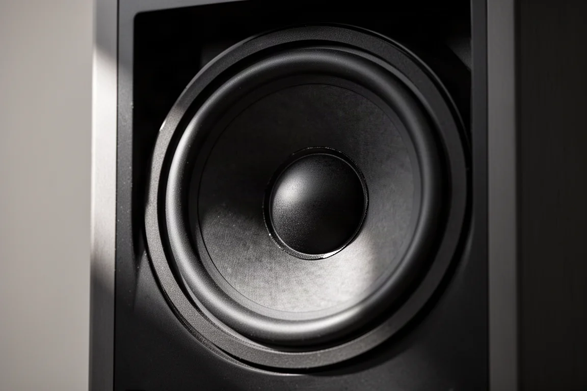 Close-up van een grote luidsprekerwoofer die uitslaat, met rubberen ophanging