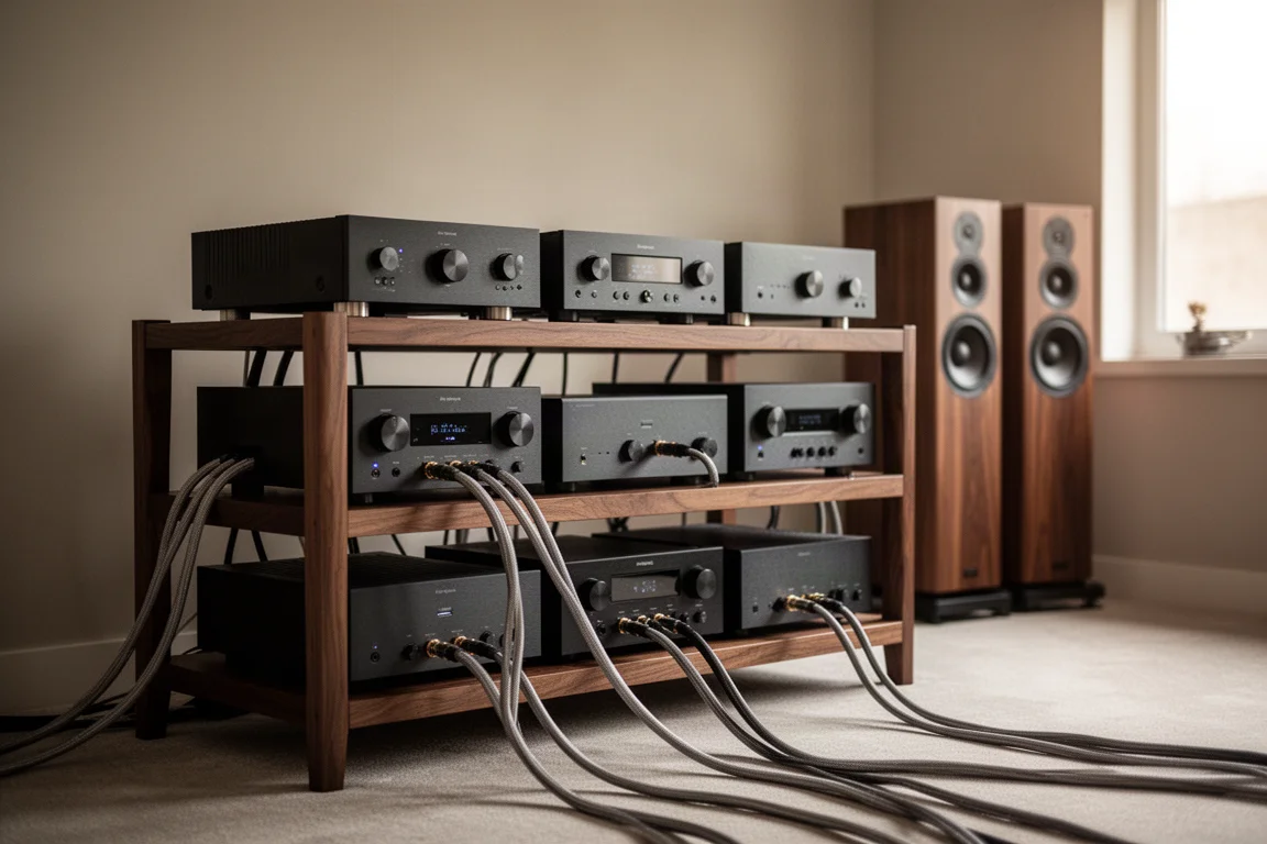 Overzicht van een hi-fi rack met gestapelde componenten en zuiluidsprekers erachter