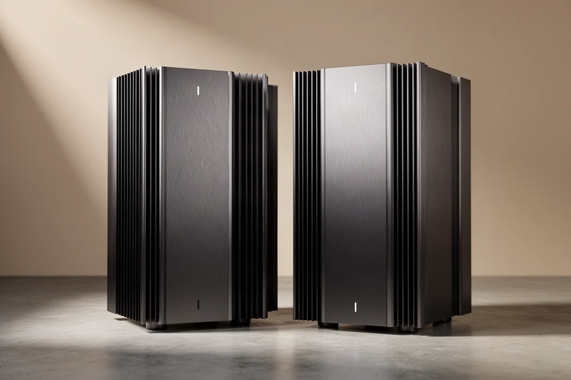 Two tall monoblock power amplifiers side by side on a concrete surface