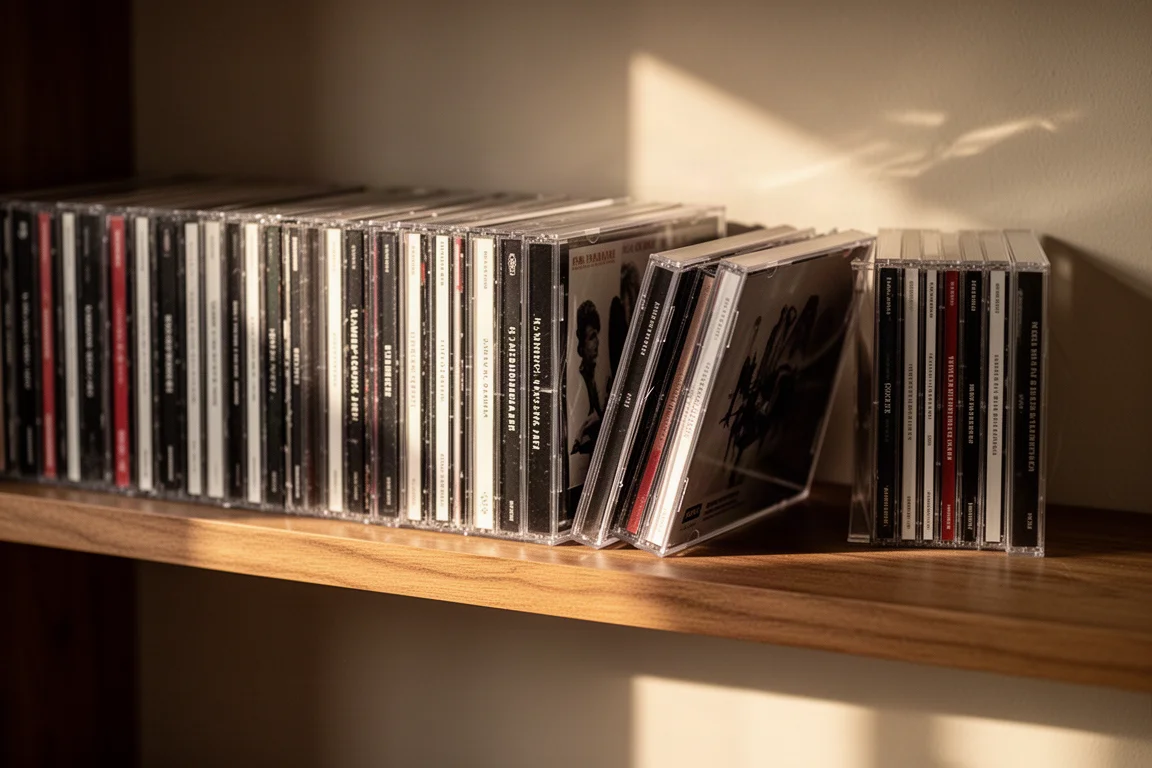 Shelves lined with rows of compact discs in a warm-lit room