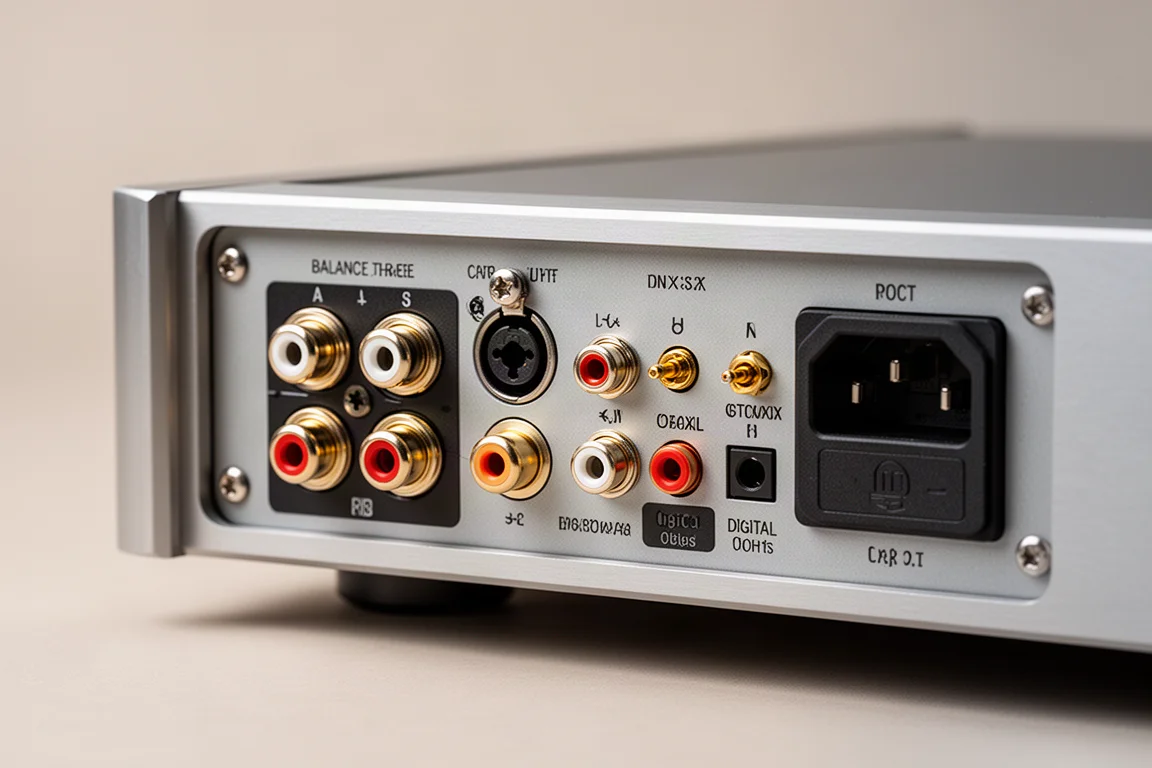 Close-up of the rear panel connectors on a hi-fi CD player