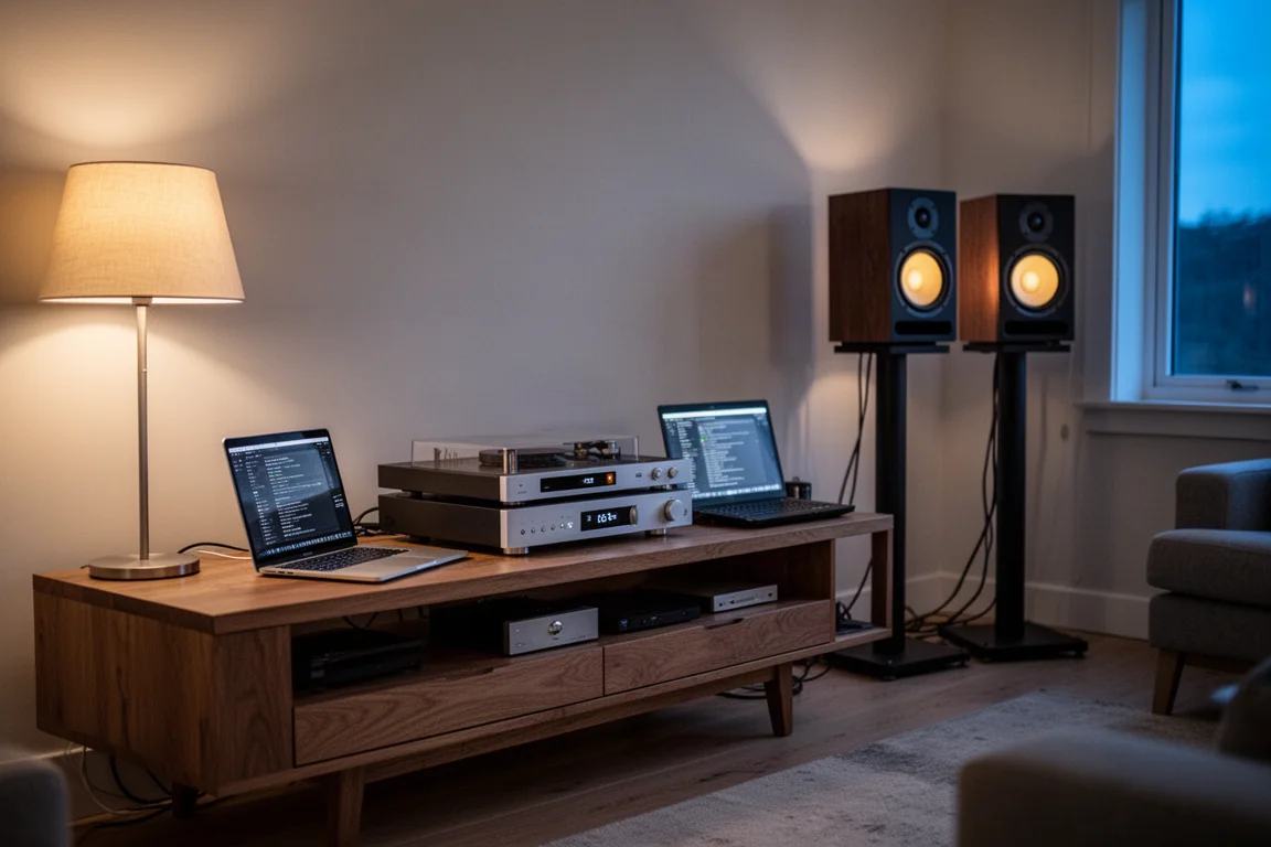 Hi-fi system on a wooden console beside an open laptop in a living room