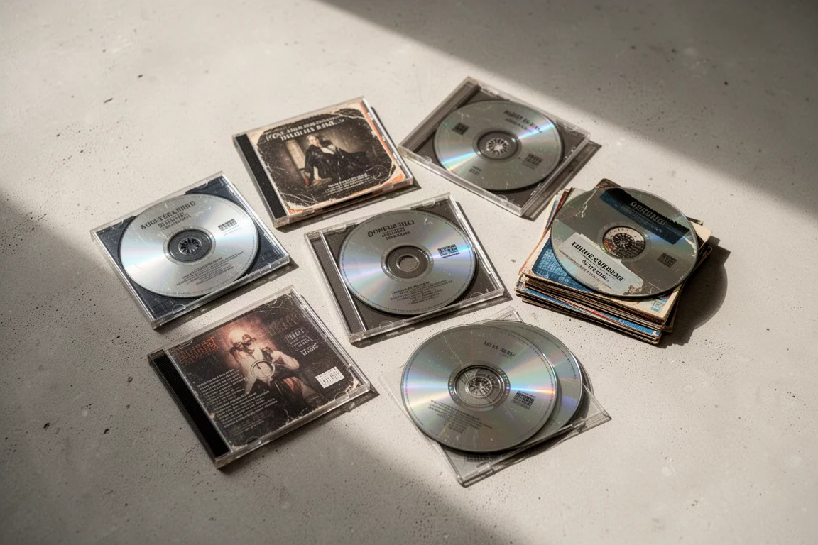 Secondhand compact discs spread across a pale concrete surface